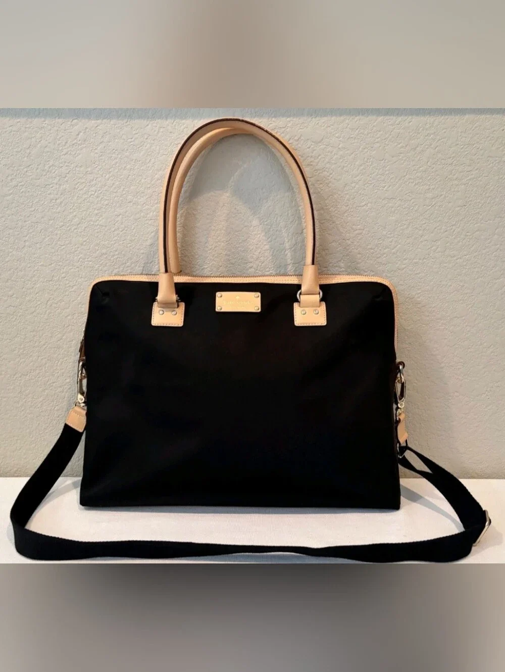 Kate Spade Kennedy Nylon Black 16” Laptop Shoulder Bag Black Tan Leather Handles